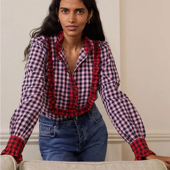 Boden Isla Frill Detail Pink and Black Plaid Cotton Flannel Button Up Shirt - Picture 3 of 10